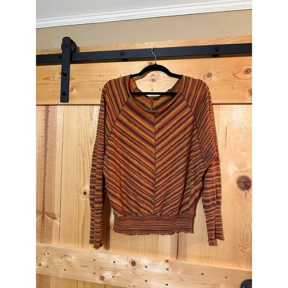 Prana Striped Long Sleeve Brown Orange Top Retro Style Women’s Size M - Picture 1 of 5